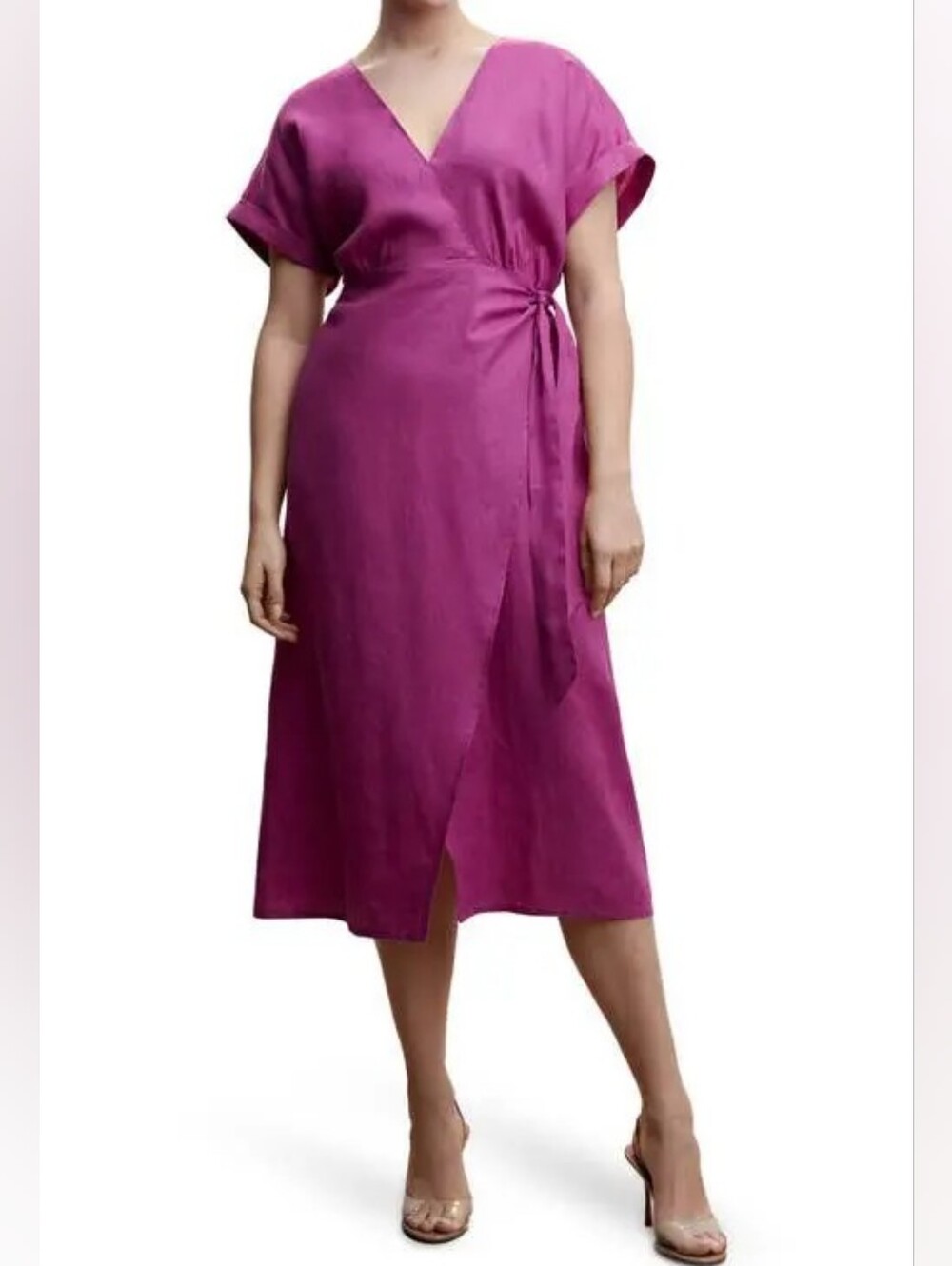MNG Mango Wrapped Bodice Linen Dress Sz 10 Magenta V Neck Cap Sleeves Belted